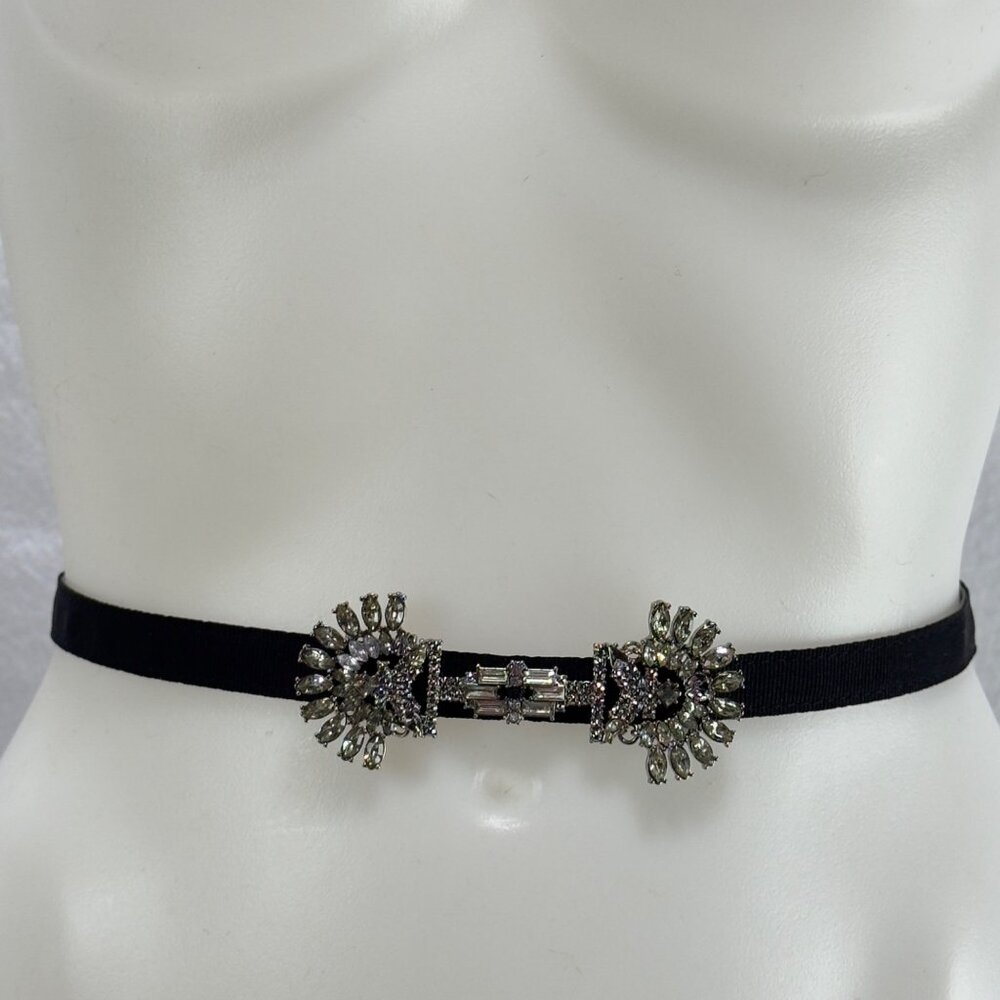 Vintage Black Elastic Belt With Rhinestone Embellished Art Deco Style Buckle